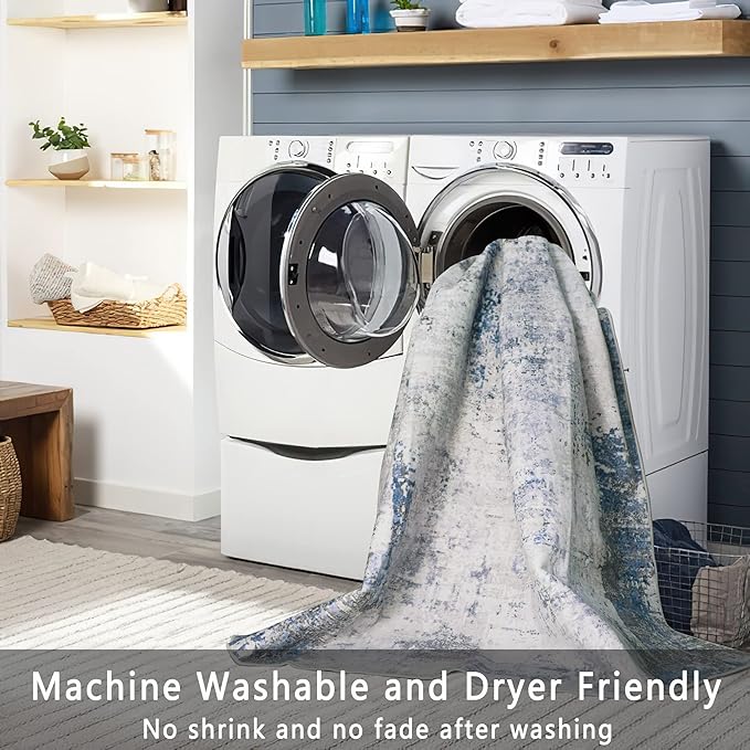 vivorug Runner Rug 2x10 Machine Washable Rug with Non-Slip Backing, Ideal for Kitchen Hallway Entryway Laundry Room - Modern Abstract, Durable, Easy Clean, Low Pile Carpet Runner, Grey/Navy