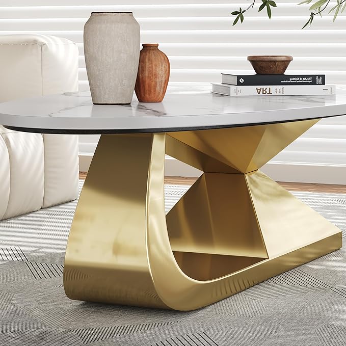 Modern Oval Sintered Stone Coffee Table, 51.2" White and Gold Rectangle Coffee Table with Faux Marble Top & Golden Geometric Stainless Steel Base, Rectangle Tea Center Table for Living Room