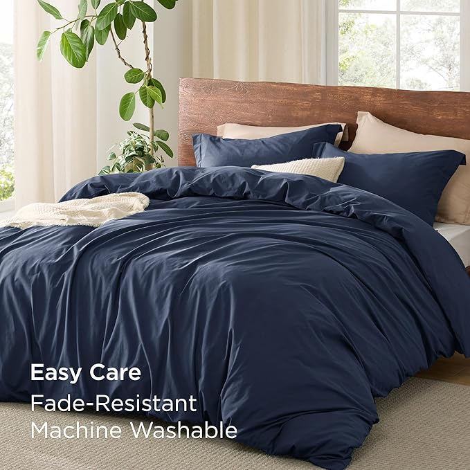 Bedsure 100% Washed Cotton Duvet Cover King Size - Navy Minimalist Cotton Duvet Cover Linen Like for All Seasons - GentleSoft™ Plain Simple Bedding, 3 Pieces (Navy, King, 104"x90")
