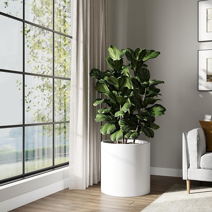DTY Signature Mount Powell Fiberstone Planter - 20 Inch Jumbo White Cylindrical Mid-Century Modern Home Decor Indoor & Outdoor Plant Pot - Durable Planters for Indoor Plants, Outdoor Spaces