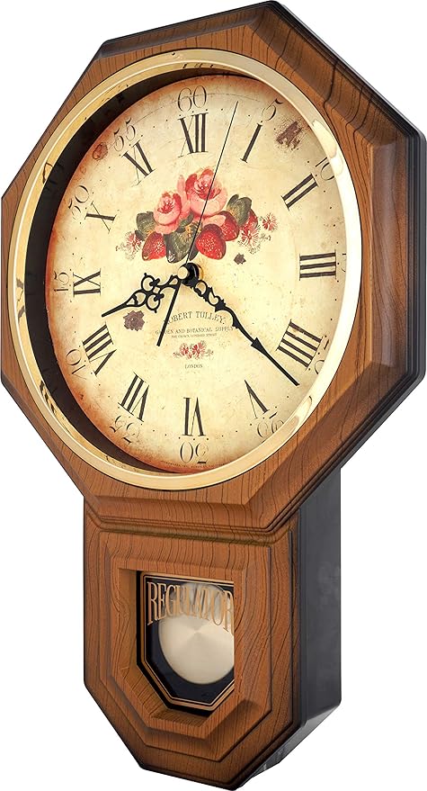 JUSTIME Traditional Schoolhouse Classic Vintage Rose Regulator Wall Clock, Chiming Wall Clocks with Pendulum & Westminster Chime Hourly, Schoolhouse Wall Decor Battery Operated (Light Wood Grain)