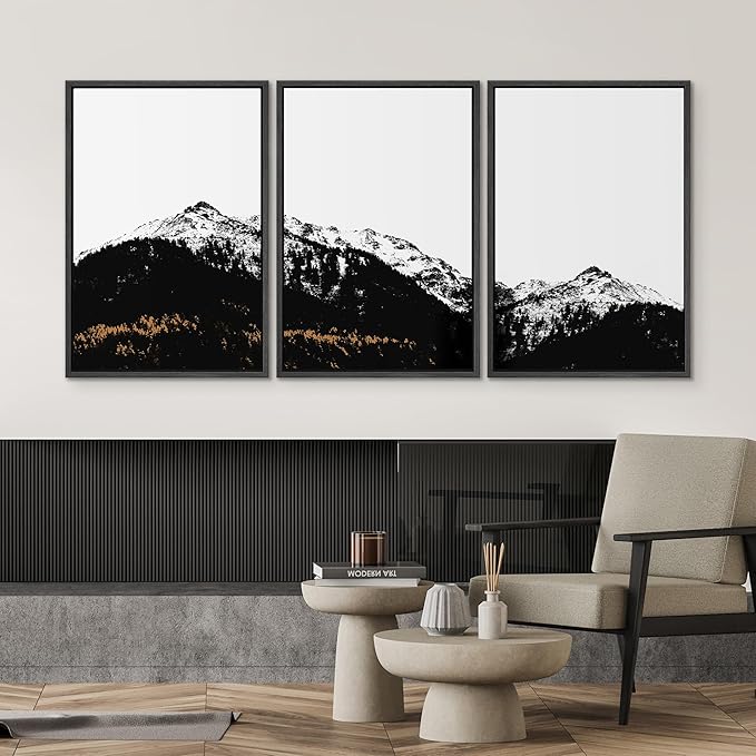 SIGNWIN 3 Piece Framed Canvas Wall Art Black and White Mountain Tops Photo Nature Wilderness Illustrations Abstract Traditional Home Artwork Decoration for Living Room,Bedroom - 16"x24"x3 Black