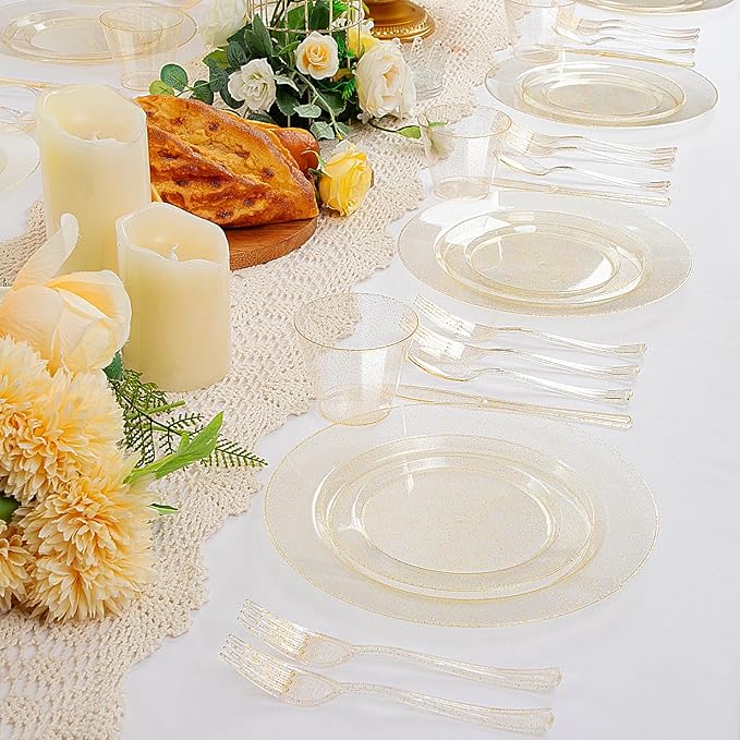150 PCS Gold Glitter Disposable Dinnerware Set for 25 Guests, Plastic Plates for Party, Including 25 Dinner Plates, 25 Salad Plates, 25 Cups, 25 Forks Knives Spoons for Wedding and Party Supplies