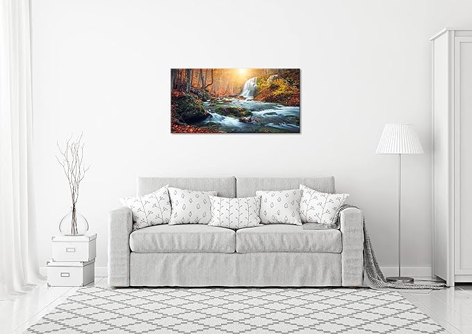 Autumn Waterfall Large Stretched Canvas Wall Art For Living Room Bedroom Home Decoration,Mordern Forest River Print Picture Painting Decor Giclee Artwork,Gallery Wrapped Gift,Inner Frame(30x60)