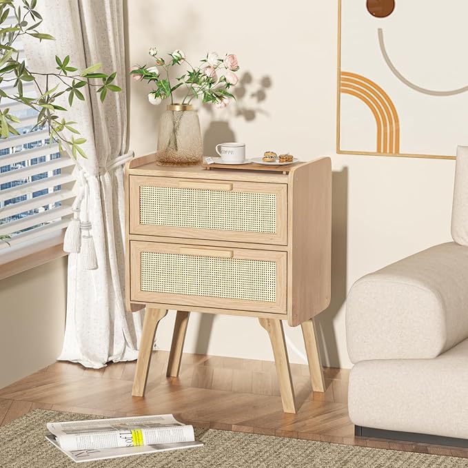 Lerliuo Rattan Nightstands Set of 2, Boho Night Stand with 2 Drawers, Cane Accent Side End Table, Bedside Table with Solid Wood Legs for Bedroom, Dorm and Small Spaces (Natural)