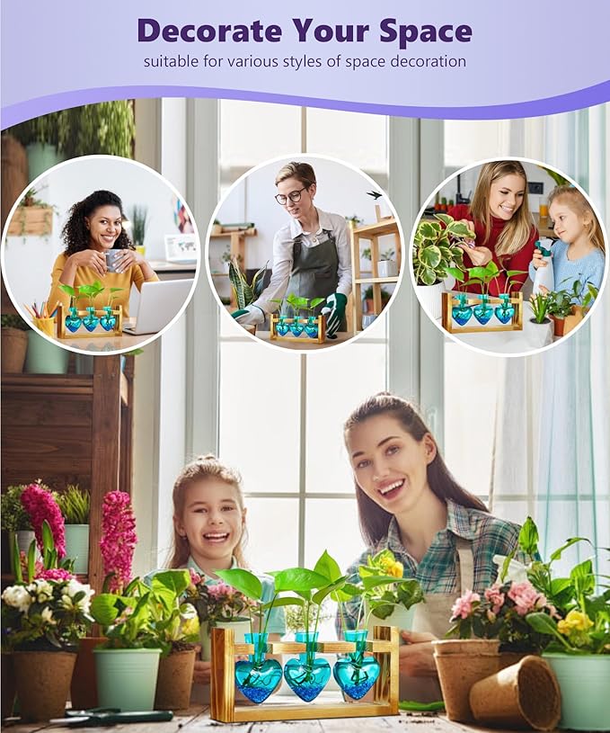 Nacome Plant Terrarium for Office Decor: Birthday Gifts for Plant Lovers Women Mom Wife - Wooden Stand Tabletop Planter 3 Bulb Glass Vase Heart Shaped for Hydroponics Indoor Home