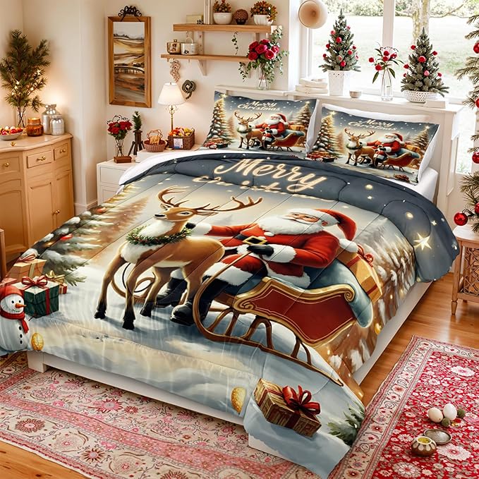 Bedorm Merry Christmas Comforter Set Queen Santa Claus Bedding White Snowflake Cute Deer Snowman Pattern Happy Holiday Christmas Tree Gift Quilt Comforter