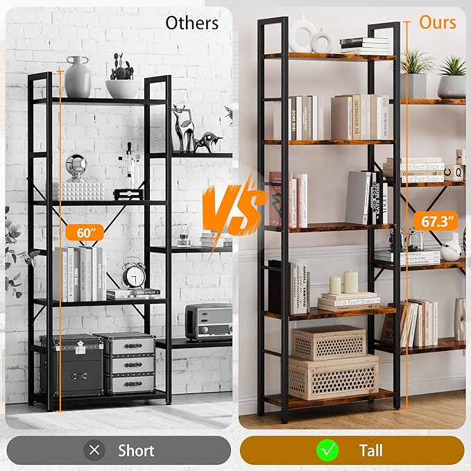 Shintenchi Triple 5 Tier Bookshelf, Industrial Large Bookcase with 14 Open Display Shelves, Large Etagere Bookshelf,Wide Book Shelf Book Case for Home & Office, Rustic Brown