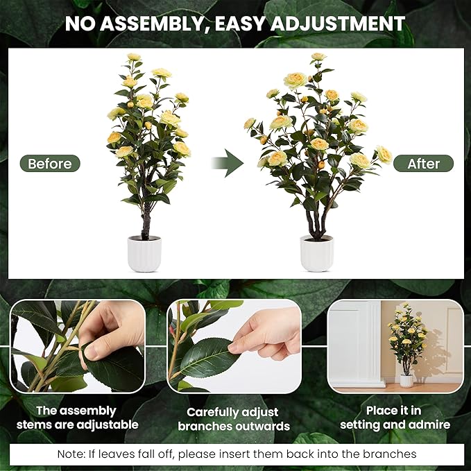 3.2FT Artificial Camellia Tree, Yellow Silk Flowers, Indoor Faux Plants with Realistic Trunk in White Cement Pot for Home House Living Room Bedroom Office Decor, 1pc