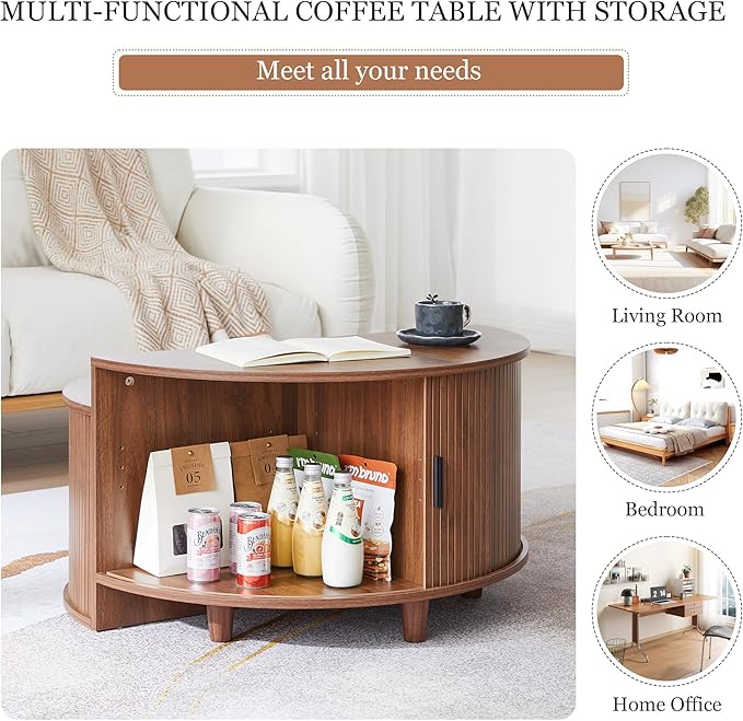 Round Coffee Table, Fluted Coffee Tables with Sliding Doors, Modern Circle Accent Center Table with Storage for Living Room, Apartment, Home Office (Walnut)