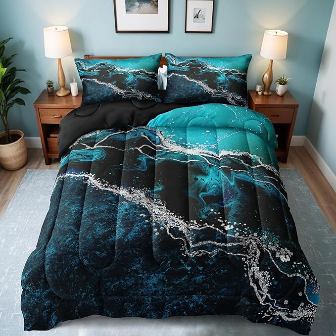 Black Marble Comforter Queen Turquoise Blue Bedding Set 3 Pcs Marble Stone Natural Theme Artwork Abstract Comforter Sets Super Soft Cozy Black Bed in A Bag with Comforter and Sheet Set