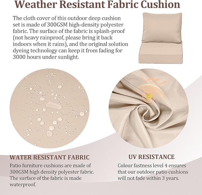 Waterproof Outdoor Chair Cushion Set of 3, 24x24x5 IN Deep Seat Patio Cushions with Fade Resistant Removable Cover,Outdoor Cushions for Patio Furniture with Ties&Handle for Chair Sofa Couch,Khaki