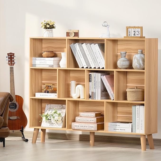 LEYAOYAO 10 Cube Bookshelf,3 Tier 55.12" Wide Boho Bookcase with Legs,Mid-Century Wood Bookshelves Storage,Natural Large Book Case,Freestanding Organizer Display Shelf for Bedroom,Living Room,Office