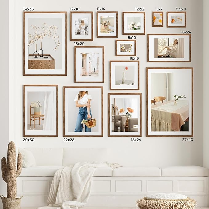 Axeman 16x24 Frame With Mat for 12x18, Solid Oak Wood 16x24 Poster Frame With Tempered Glass, 16 x 24 Picture Frame for Wall, 16 by 24 Wood Frame for Home Decor, Hanging Hardware included, Walnut