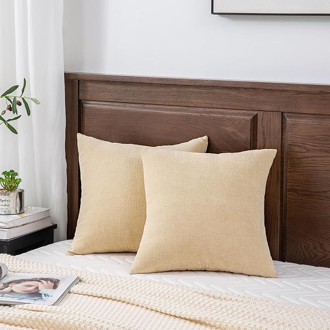 GAWAMAY Decorative Throw Pillow Covers 16x16 Inch Set of 2, Super Soft Chenille Square Pillows Farmhouse Fall Pillowcase for Living Room Bedroom Sofa Couch Cushion Cover Beige 40x40cm (No Insert)