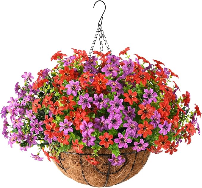 INQCMY Artificial Hanging Flowers Plants Basket for Outdoor Spring Summer Decoration,Fake Silk Colorful Daisy in Planter UV Resistant Realistic for Outside Home Porch Patio Yard Balcony Decor
