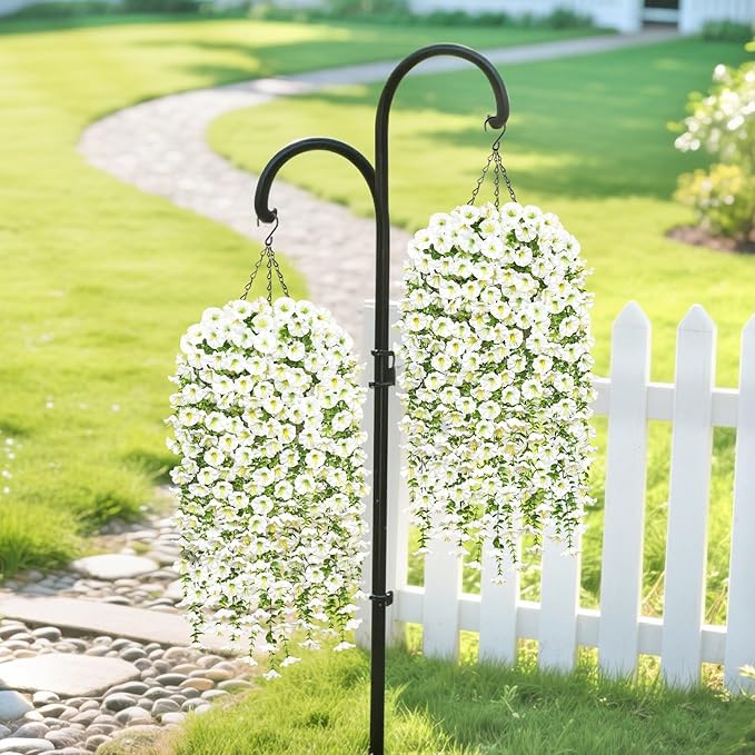 TOCHGREEN Artificial Faux Hanging Flowers Plants Basket for Spring Summer Outdoor Decor,2PCS Fake Silk Morning Glory Vines in Planter UV Resistant for Home Porch Balcony Yard (White)