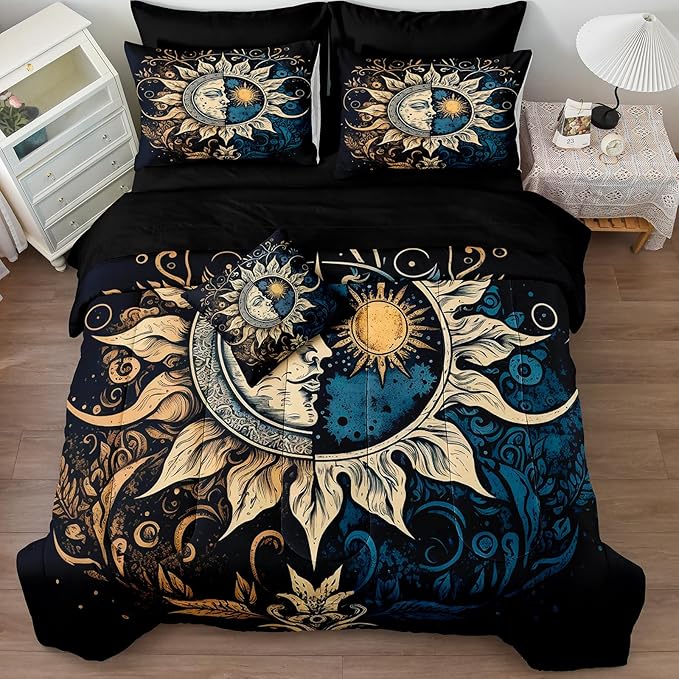 Sun and Moon Comforter Set Black Boho Bedding Set Celestial Galaxy Starry Space Bedding Comforter Mandala Exotic Black Bed in A Bag Queen Size