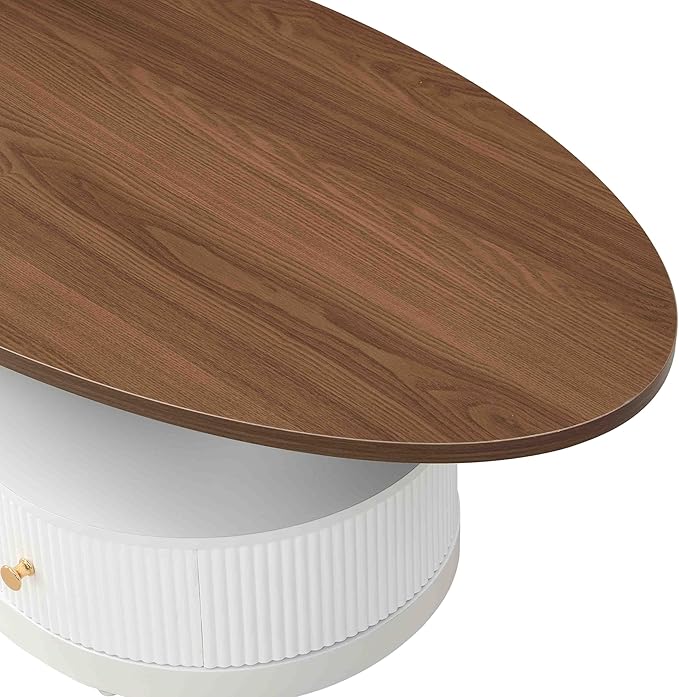 Marble Nesting Coffee Table Set of 2,Modern Oval Center Tea Table and Round Side Nightstand Set w/Drawer and Wood Tabletop and Metal Frame for Living Room Accent Furniture