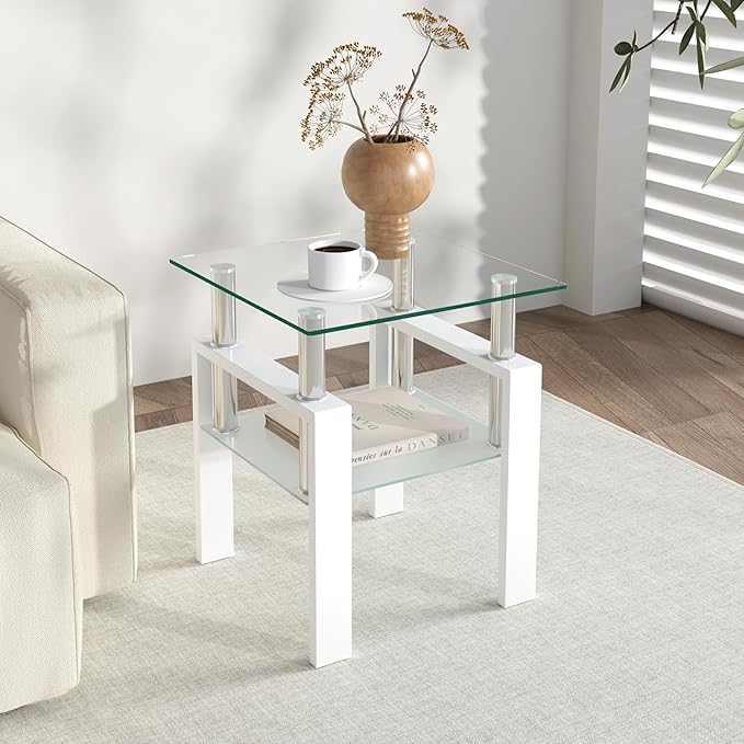 IANIYA Modern Glass End Table, 2-Tier Side Table with Tempered Glass Top & Metal Legs, Night Stand Corner for Living Room, Bedroom, White
