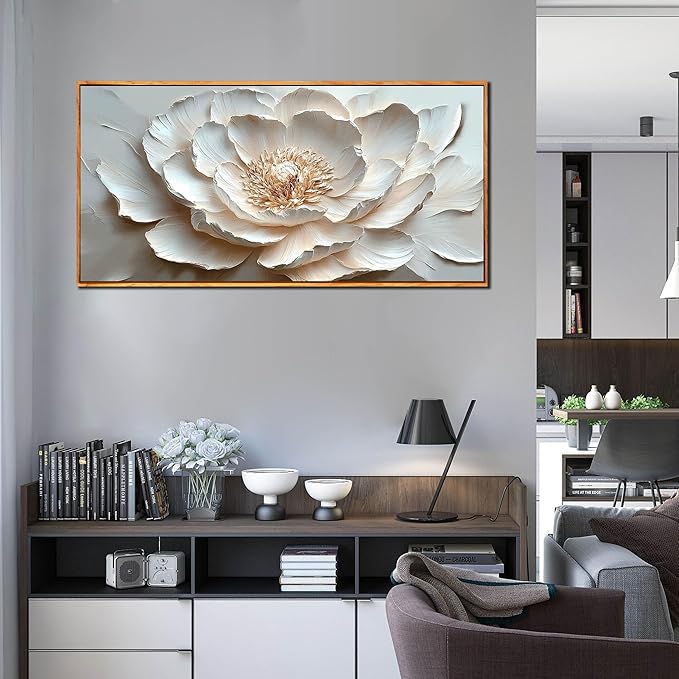 White Flower Pictures Wall Decor for Office Women - Modern Wall Art for Living Room - Wooden Framed Wall Art for Bedroom Size 29" x 59"
