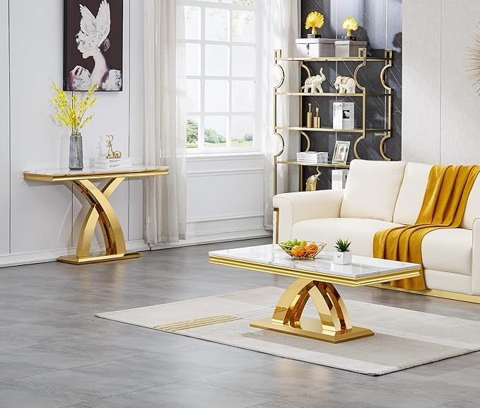 SSLine Rectangular Faux Marble Coffee Table for Living Room Modern Luxury White Marble Center Table with Gold Pedestal Base 46.8" Mid-Century Cocktail Table with Mirrored Stainless Steel Frame
