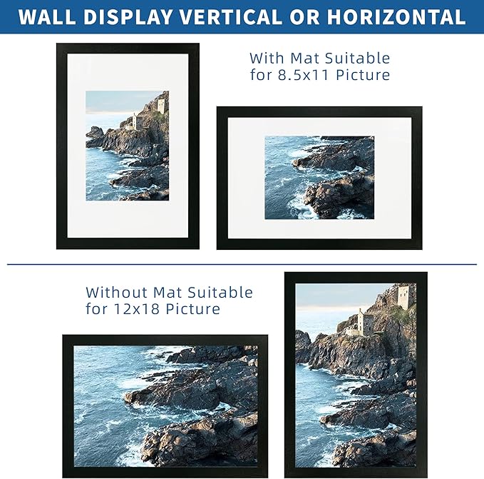 12x18 Frame Set of 2, Rustic Black Wood Style, Display 12 x 18 Poster without Mat or 8.5x11 Picture with Mat, Wall Mounting Horizontal and Vertical