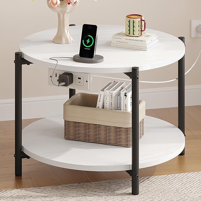 LIKIMIO Round End Table with Charging Station, 23.6" W Wooden Side Table with 2-Tier Storage, Modern Nightstand for Small Spaces, Living Room, Bedroom, White