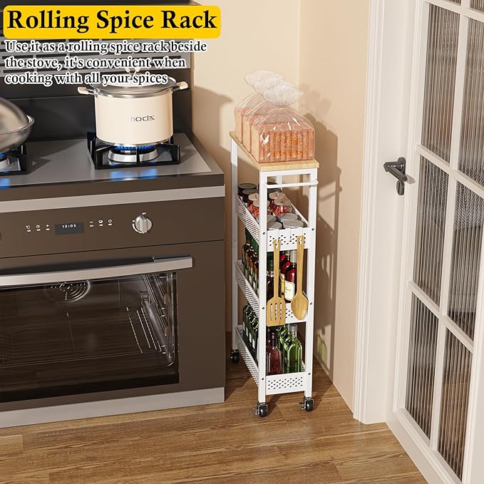 Utility Slim Storage Cart, 4 Tier Small Rolling Kitchen Laundry Room Cart with Wood Top, Metal Narrow Bathroom Storage Cabinet Mobile Shelf Unit Organizer Trolley with Handle for Narrow Space