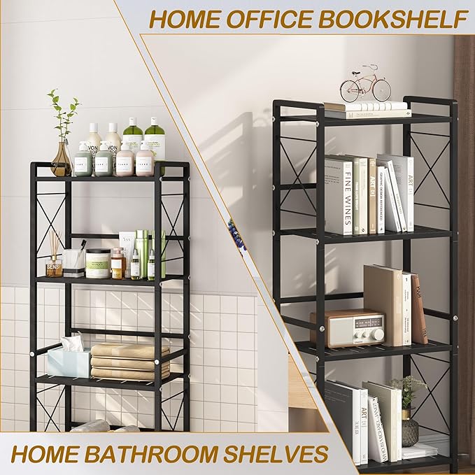 JSB 4 Tier Metal Bookshelf Bathroom Storage Standing Shelf Unit Kitchen Storage Organizer Display Rack Bookcases Shelves for Living Room, Bedroom, Office (Widen Black, 4 Tier)