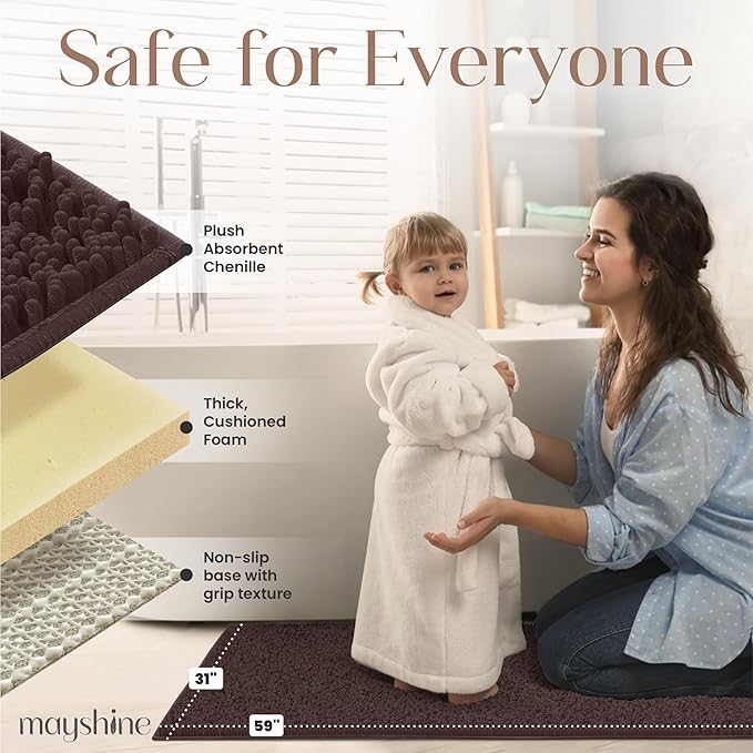 MAYSHINE Plush Shaggy Chenille Bath Mat | Extra Soft, Super Absorbent, Non-Slip Bathroom Rug | Fluffy Microfiber, Area Rug Sets for Bathroom Floor, Kitchen, Living Room | 59"x31" | Brown