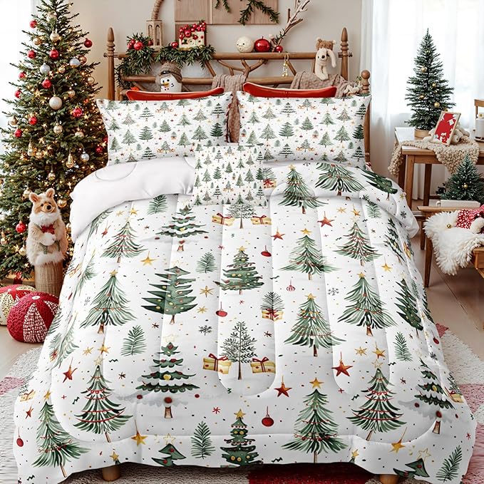 Bedorm Christmas Tree Comforter Queen Merry Xmas Bedding Set Green Xmas Tree Yellow Reds Balls Stars Holiday Decor Green White Quilt Comforter Set