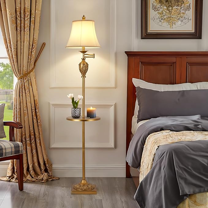 Traditional LED Floor Lamp with 350° Adjustable Swing Arm Lamp – Vintage Standing Pole lamp for Living Room, Bedroom and Office – Rustic Upright Floor Light for Home Décor with Silk Fabric Shade