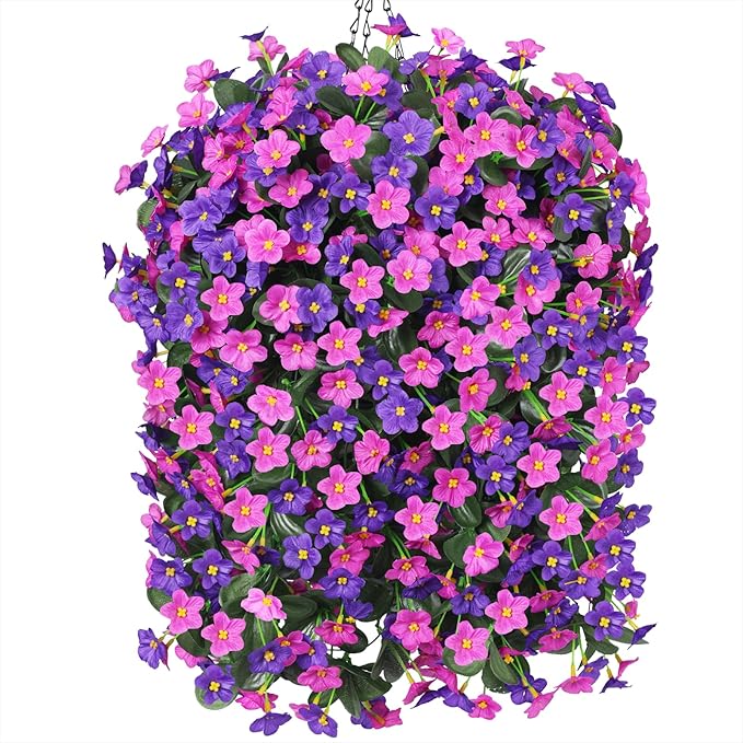 Artificial Faux Fall Hanging Flowers Plants Baskets for Outdoor Outside, Fake Silk Dark Purple Fuchsia Orchid Trailing Vines in Planter Realistic UV Resistant for Balcony Porch Decor