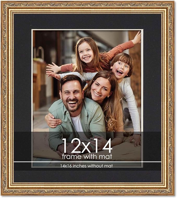 12x14 Frame with Mat - Antique Gold 14x16 Frame Wood Made to Display Print or Poster Measuring 12 x 14 Inches with Black Photo Mat