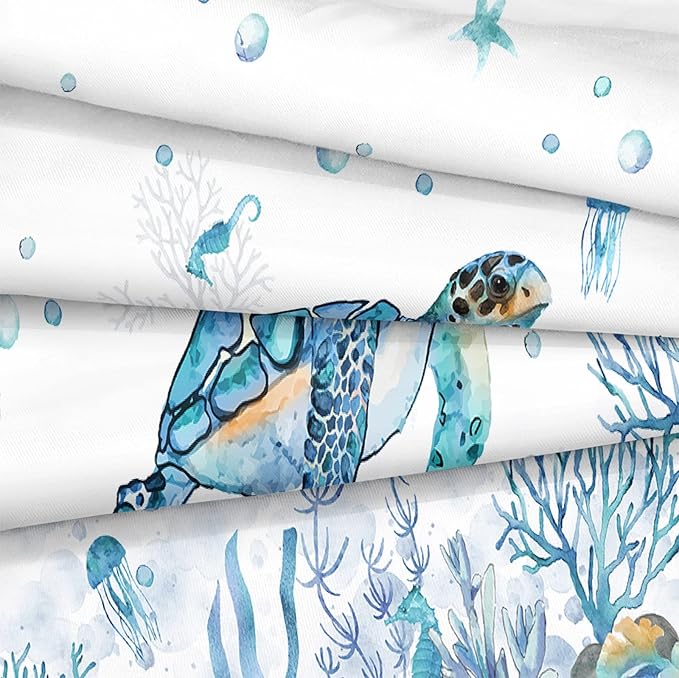 Sea Turtle Comforter Ocean Beach Bedding Twin Size Set Teal Blue Turtle Sea Horse Starfish Ocean Theme Printed Coastal Comforter Set for All Season