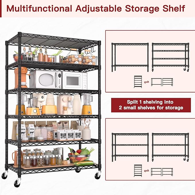 PrimeZone 6 Tier Wire Shelving with Wheels,Metal Shelf Heavy Duty Adjustable Kitchen Storage Shelves Unit, Pantry Organizer Rack Rolling for Garage Closet Laundry 36" W x 16" D x 79" H