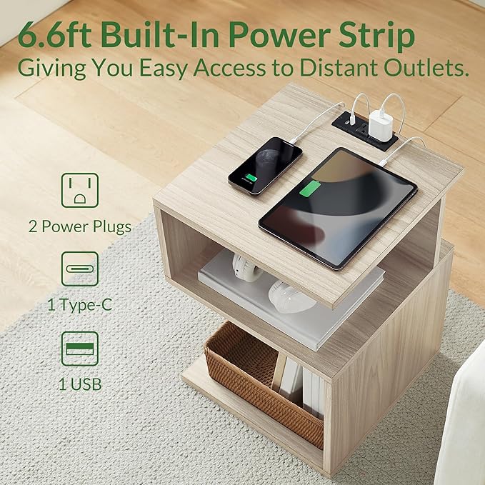 Tokyo S Minimalist 3 Tier End Table with Fast Charging Station - USB C Cable Wood Nightstand for Small Spaces with Open Storage Bedside Table for Bedroom (Natural w/Charging)