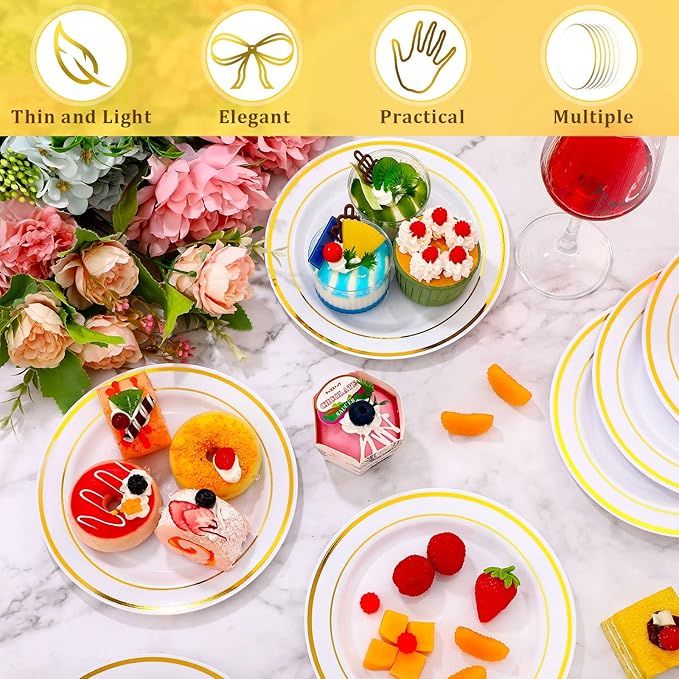 200 Pieces Disposable Plates Plastic Party Plates with Rim Hard Plastic Appetizer Salad Dessert 7.5 Inch Elegant Heavy Duty Tableware for Dinner Wedding Party Supplies(Gold Rim)