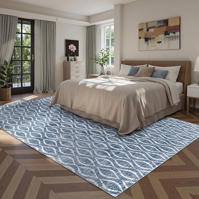 WITSHOCK 10x12 Area Rugs for Bedroom: Washable Non-Slip Large Thin Indoor Rug for Living Room Dining Room, Soft Geometric Low Pile Boho Print Carpet for Nursery Playroom Decor, Blue