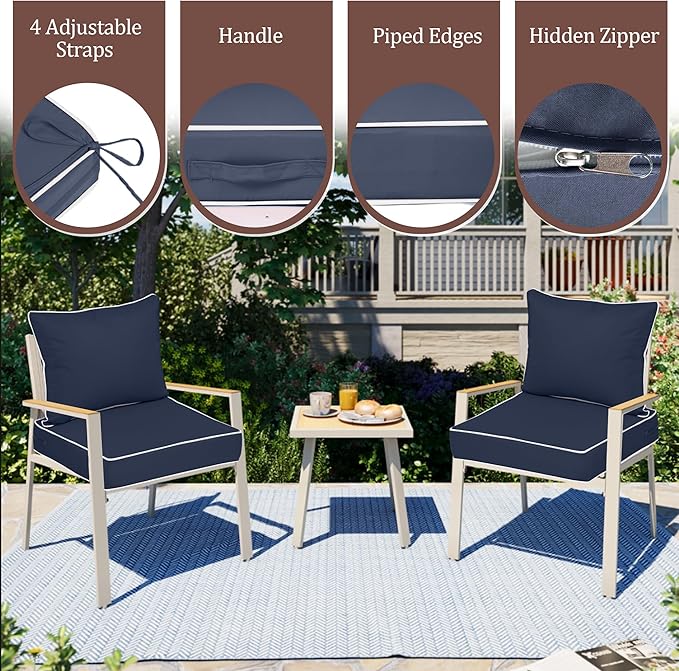 Waterproof Outdoor Chair Cushion Set of 4, 22x22x4 IN Deep Seat Patio Cushions with Fade Resistant Removable Cover,Outdoor Cushions for Patio Furniture with Ties&Handle for Chair Sofa Couch,Navy+Pipes