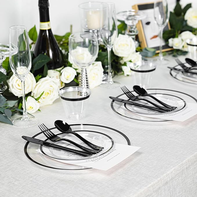 N9R 600PCS Black Disposable Plates, Heavy Duty Plastic Dinnerware Set for 100 Guests Includes 100 Dinner & Dessert Plates, Cups, Spoons, Forks, and Knives, Perfect for Parties, Weddings,and Daily Use