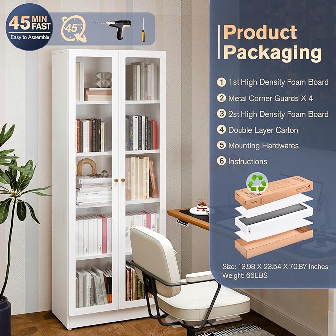 5 Tier Metal Curio Cabinets,Modern Bookcase Cabinet with Acrylic Door and 4 Adjustable Shelves, 70.87 Inch Tall Storage Cabinet Display Case, Dust Proof Display Cabinet for Home Office, Living Room
