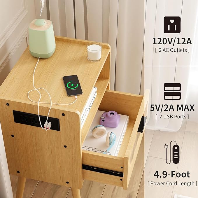Mid Century Modern Nightstand with Charging Station, Bedside Tables with Glass Drawer, End Table Side Table with 2 Tiers Storage Space, for Bedroom, Living Room, Natural