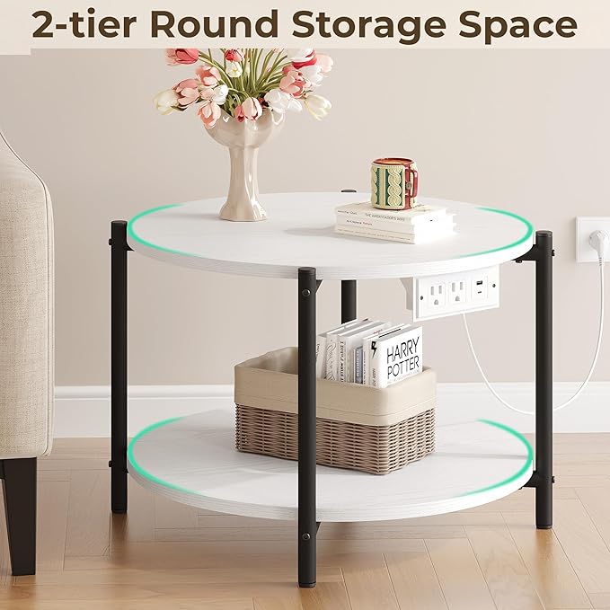 LIKIMIO Round End Table with Charging Station, 23.6" W Wooden Side Table with 2-Tier Storage, Modern Nightstand for Small Spaces, Living Room, Bedroom, White