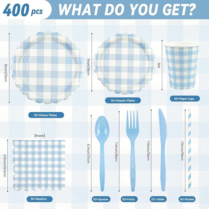 400PCS Light Blue Gingham Party Supplies, Scalloped Disposable Tableware Set Includes Paper Plates Napkins Cups Straws Forks Knives Spoons for Baby Shower Birthday Wedding Decorations, Serve 50