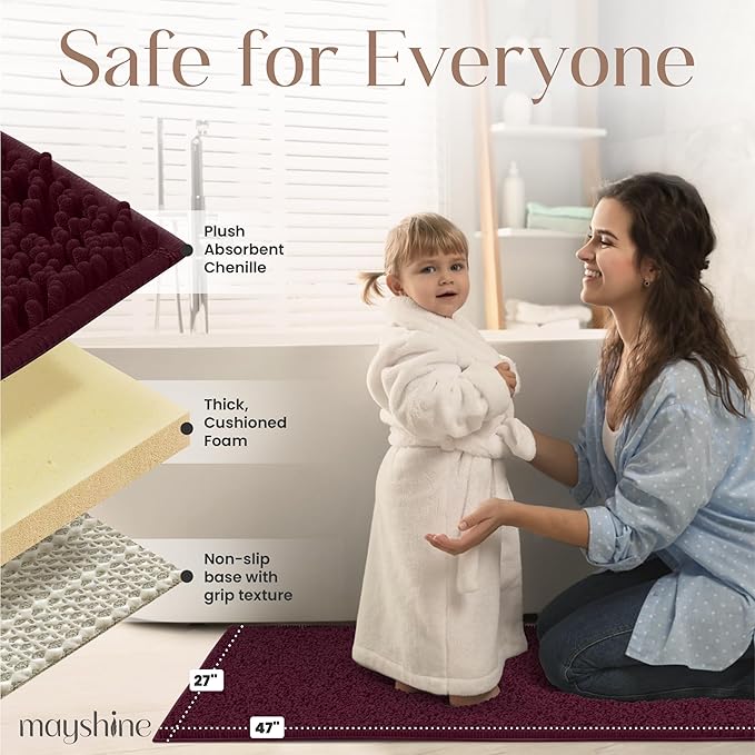 MAYSHINE Plush Shaggy Chenille Bath Mat | Extra Soft, Super Absorbent, Non-Slip Bathroom Rug | Fluffy Microfiber, Area Rug Sets for Bathroom Floor, Kitchen, Living Room | 47"x27" | Burgundy