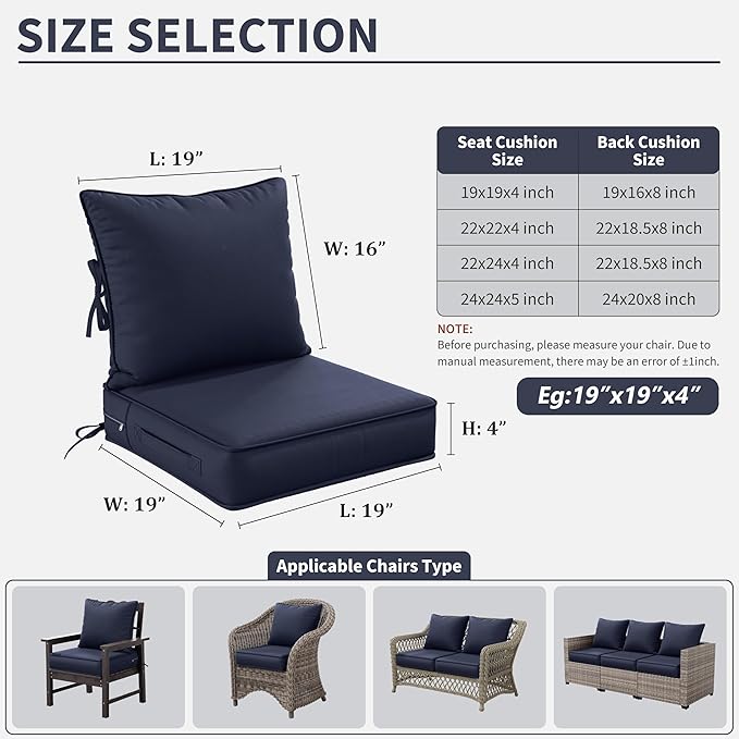 Premium Outdoor Seat Cushion Chair Cushions for Patio Furniture 19 L X 19 W X 4 H Waterproof & Fade Resistant Deep Seat and Backrest Cushion Set with Removable Covers for Chair, Sofa