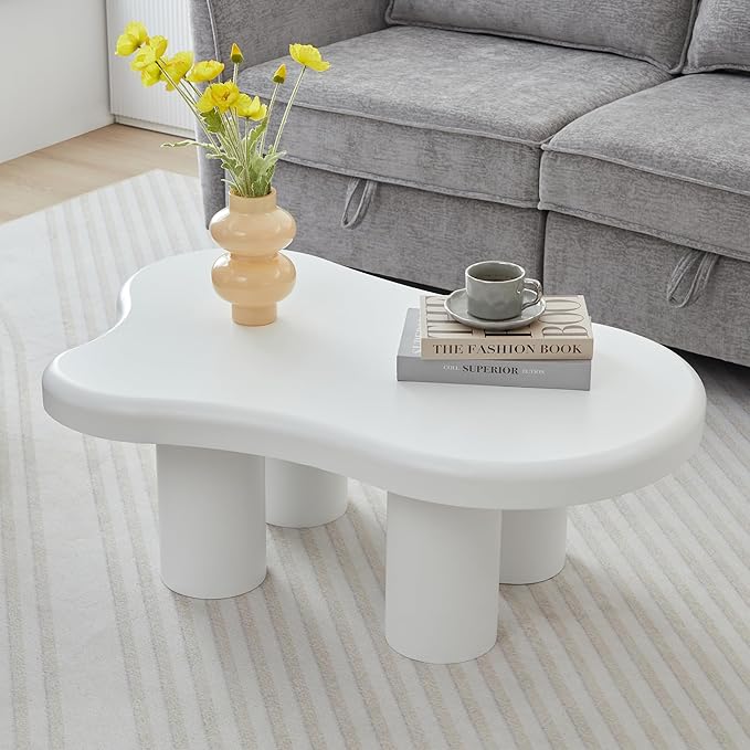 Cloud Coffee Table, Cute Irregular Coffee Table with Wide Tabletop, Accent Center Table, Cloud Shape Modern Coffee Tables for Living Room, Home Office (White)