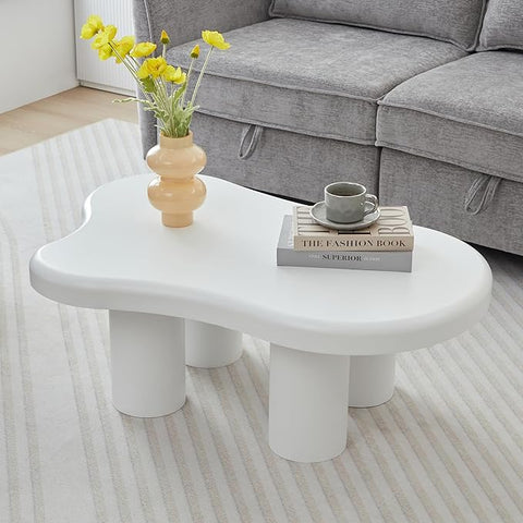 Cloud Coffee Table, Cute Irregular Coffee Table with Wide Tabletop, Accent Center Table, Cloud Shape Modern Coffee Tables for Living Room, Home Office (White)